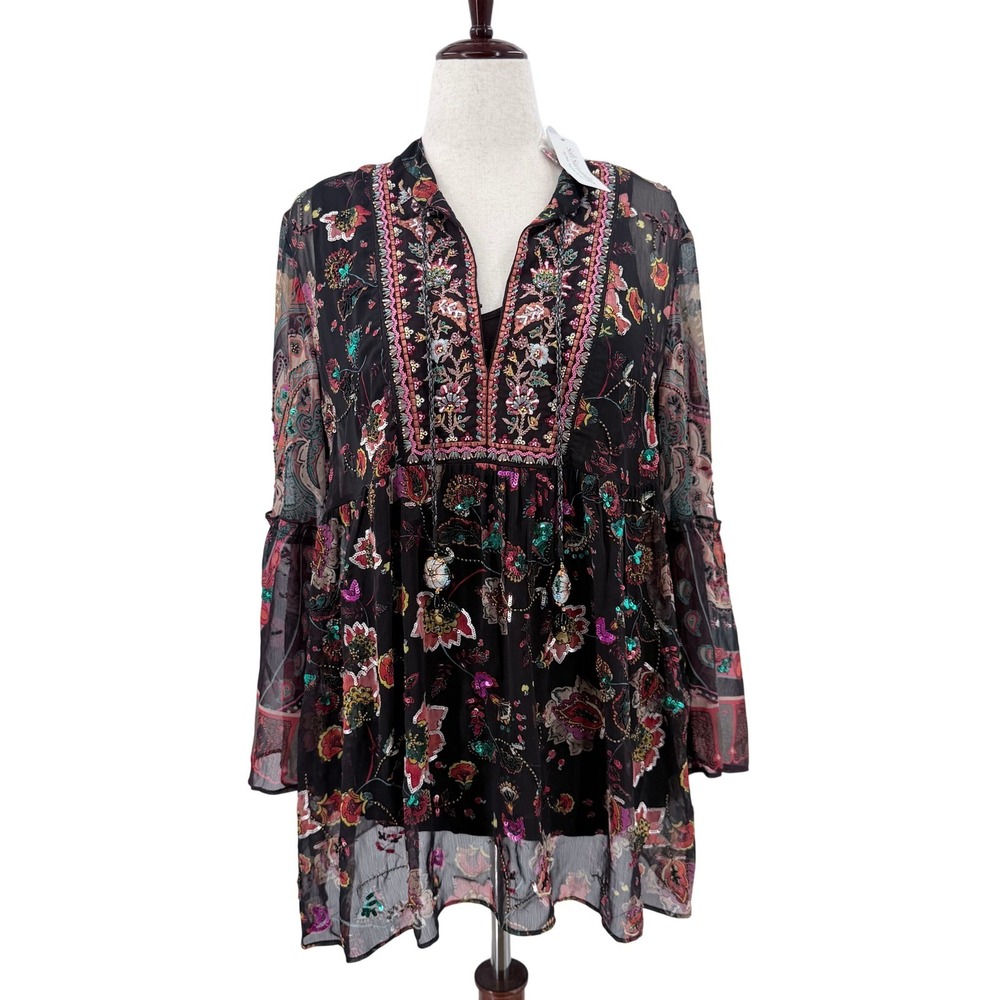 Soft Surroundings Icon Asteria Black Floral Embroidered Sequin Tunic Top NEW L